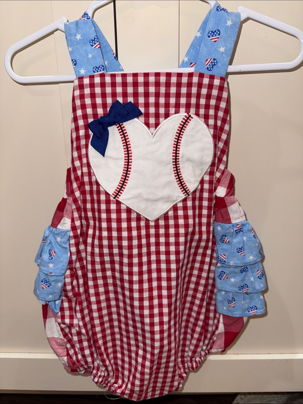 Red Gingham baseball Baby Romper